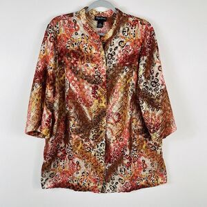 Maggie Barnes Plus Size 0X 14 16 Printed Sheer Button Blouse Top